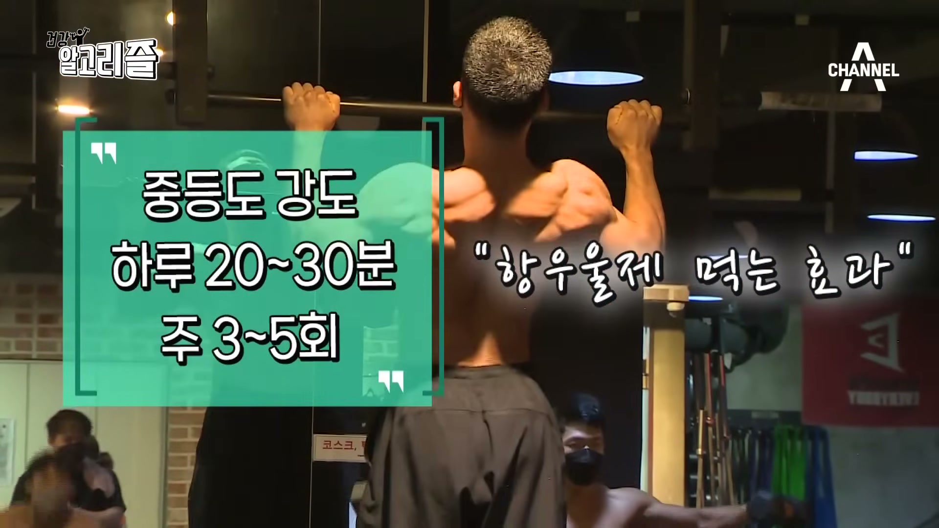 장면 10 — 턱걸이 자료화면과 '중등도 강도, 하루 2030분, 주 35회'·'항우울제 먹는 효과' 자막