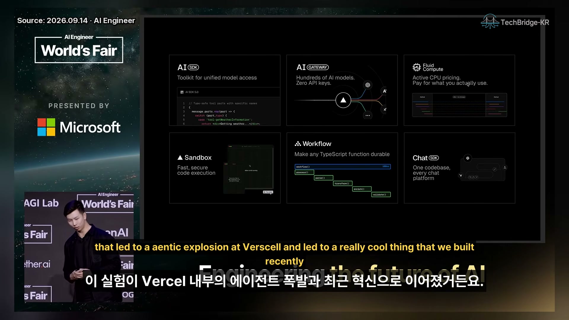 장면 2 — AI SDK·Gateway·Fluid Compute·Sandbox·Workflow·Chat SDK 6종