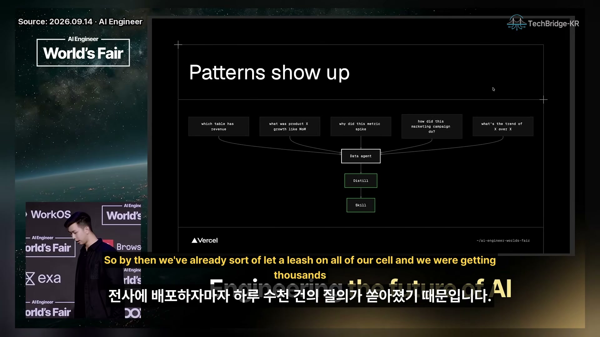 장면 9 — Patterns show up, 질의→Data agent→Distill→Skill