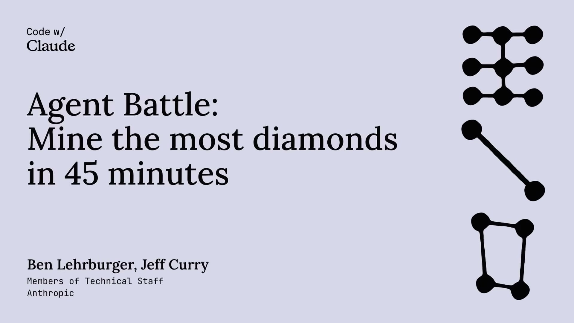 장면 2 — "Agent Battle: Mine the most diamonds in 45 minutes" 타이틀 슬라이드, 발표자 Ben Lehrburger·Jeff Curry