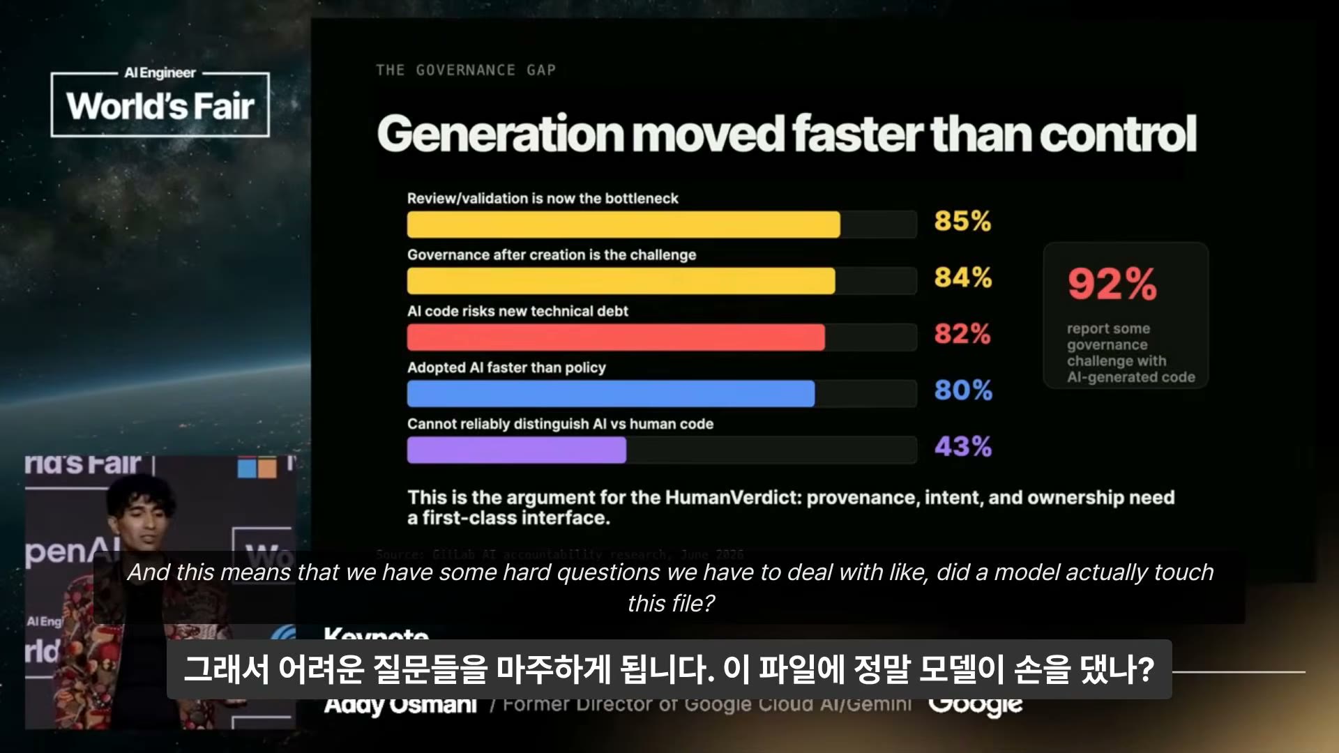 장면 8 — THE GOVERNANCE GAP: 85% / 84% / 82% / 80% / 43%, 92%가 거버넌스 문제 보고