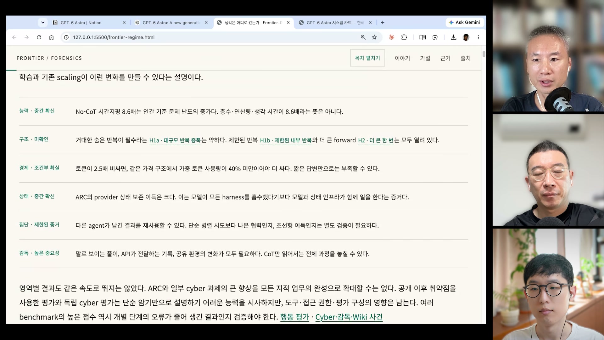 장면 4 — forensics 요약표 No-CoT·H1·가격·ARC·협업·감독