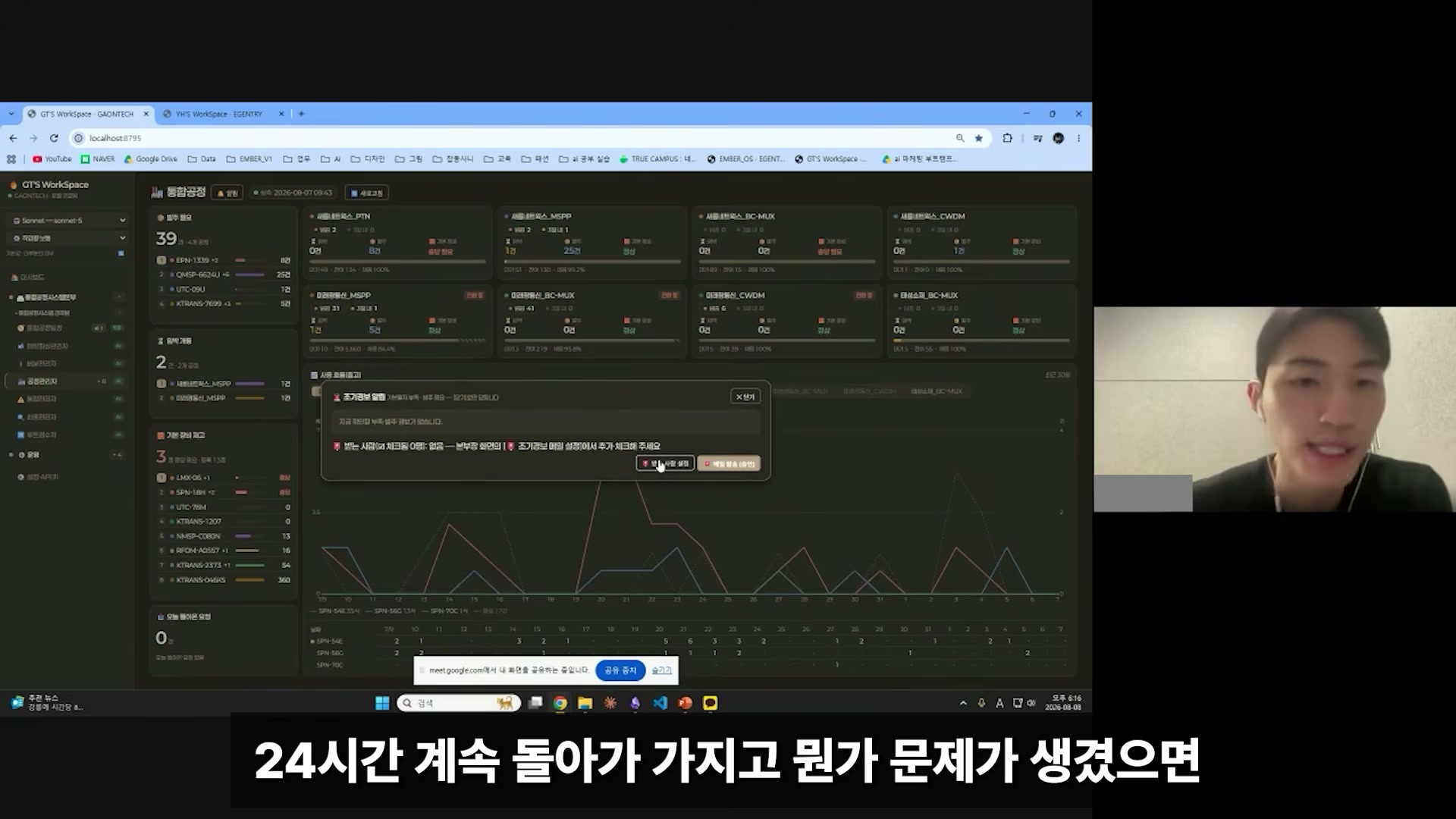장면 11 — 24시간 운영과 문제 알림을 설명하는 대시보드 화면