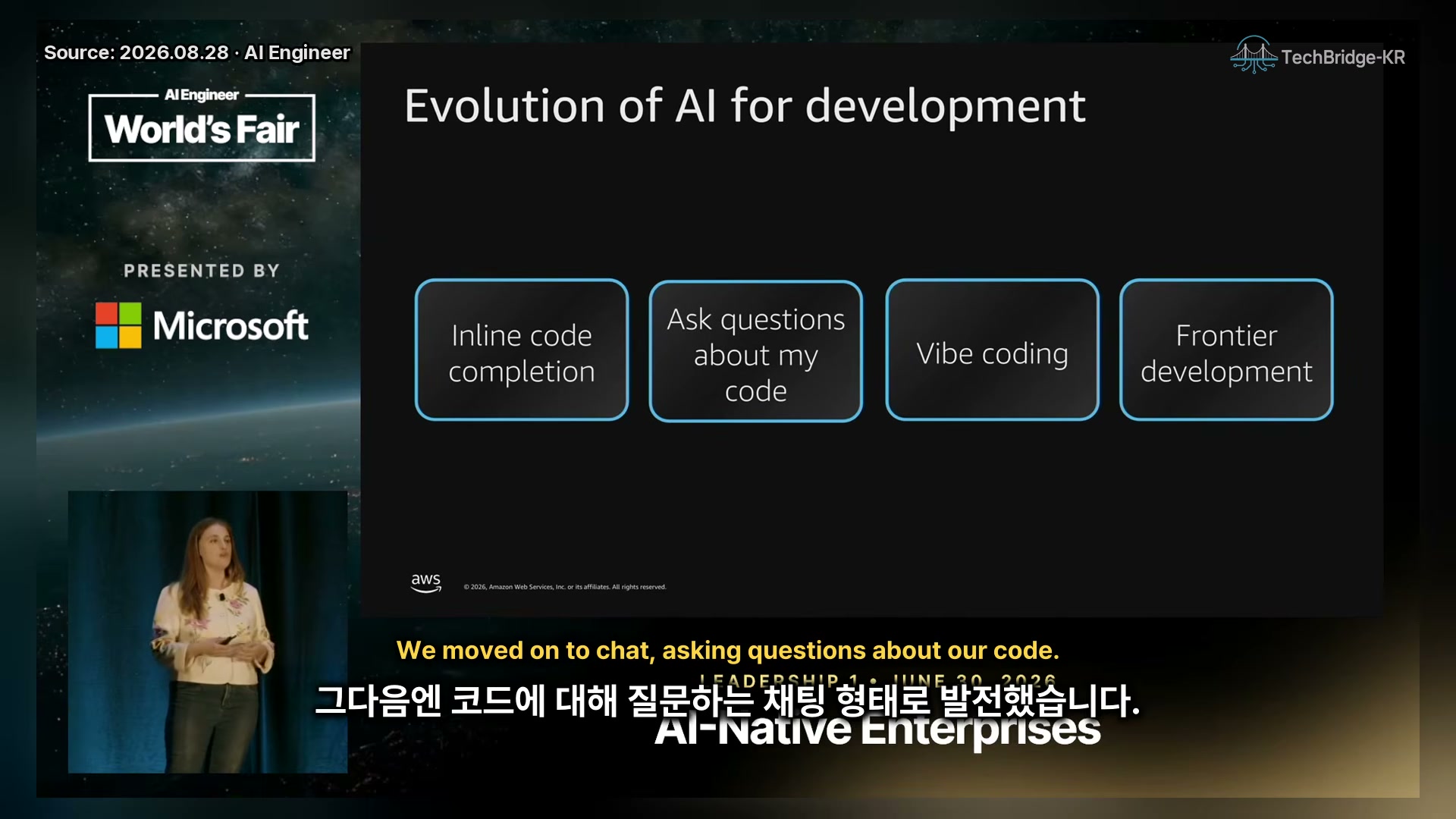장면 2 — Evolution of AI for development. Inline code completion / Ask questions about my code / Vibe coding / Frontier development 4칸