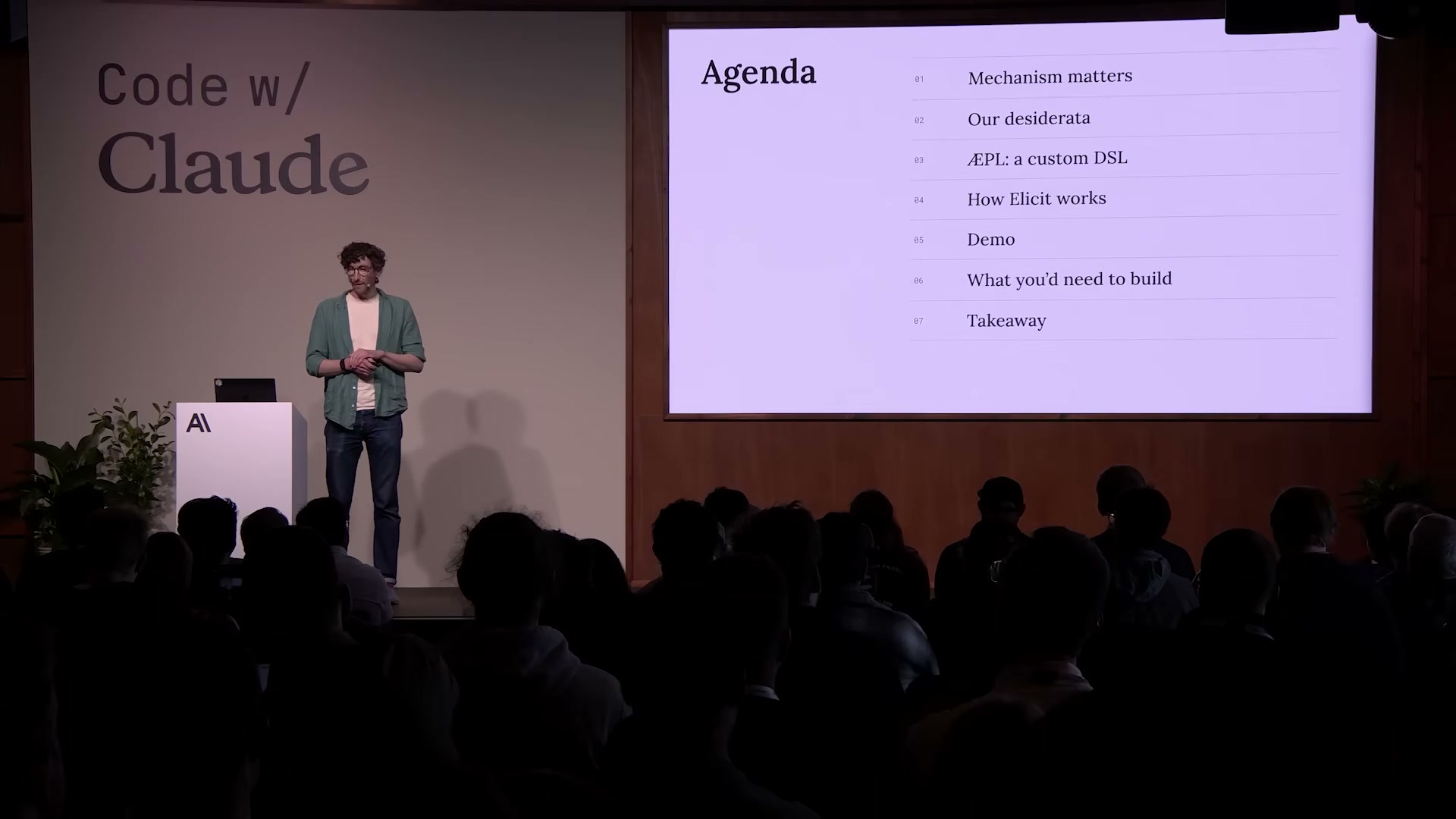 장면 2 — Agenda 슬라이드: Mechanism matters / Our desiderata / ÆPL: a custom DSL / How Elicit works / Demo / What you'd need to build / Takeaway