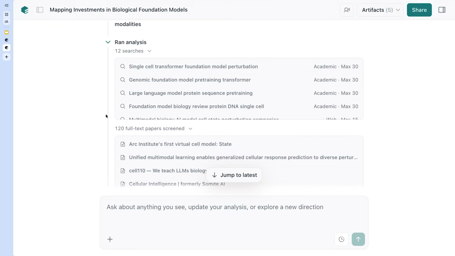 장면 11 — "Ran analysis": 12 searches(Single cell transformer, Genomic foundation model 등 Academic·Max 30 / Web) + 120 full-text papers screened