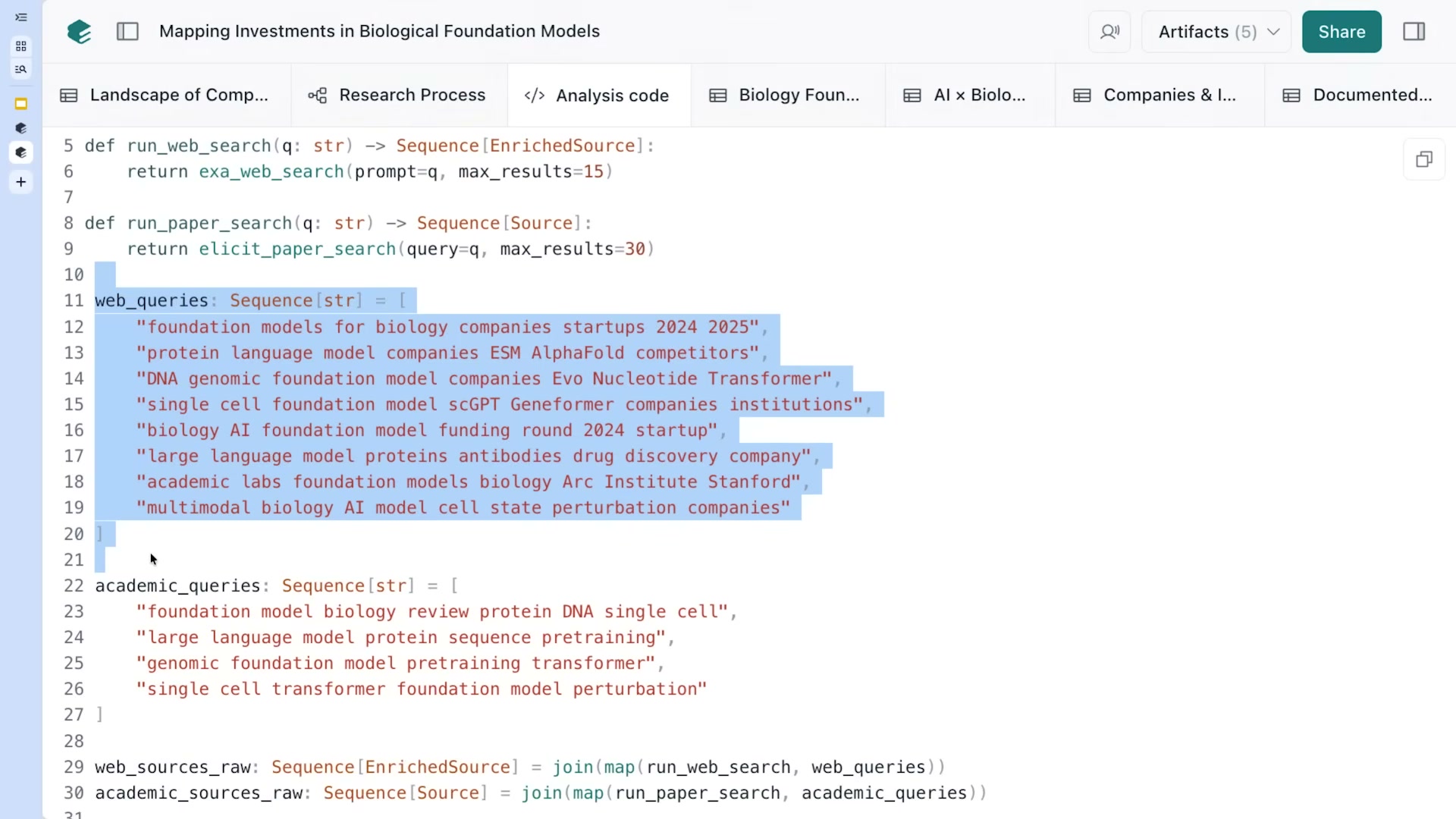 장면 15 — "Analysis code" 탭에서 프로그램 앞부분(web_queries/academic_queries)이 하이라이트됨, 이어서 web_sources_raw = join(map(run_web_search, web_queries))