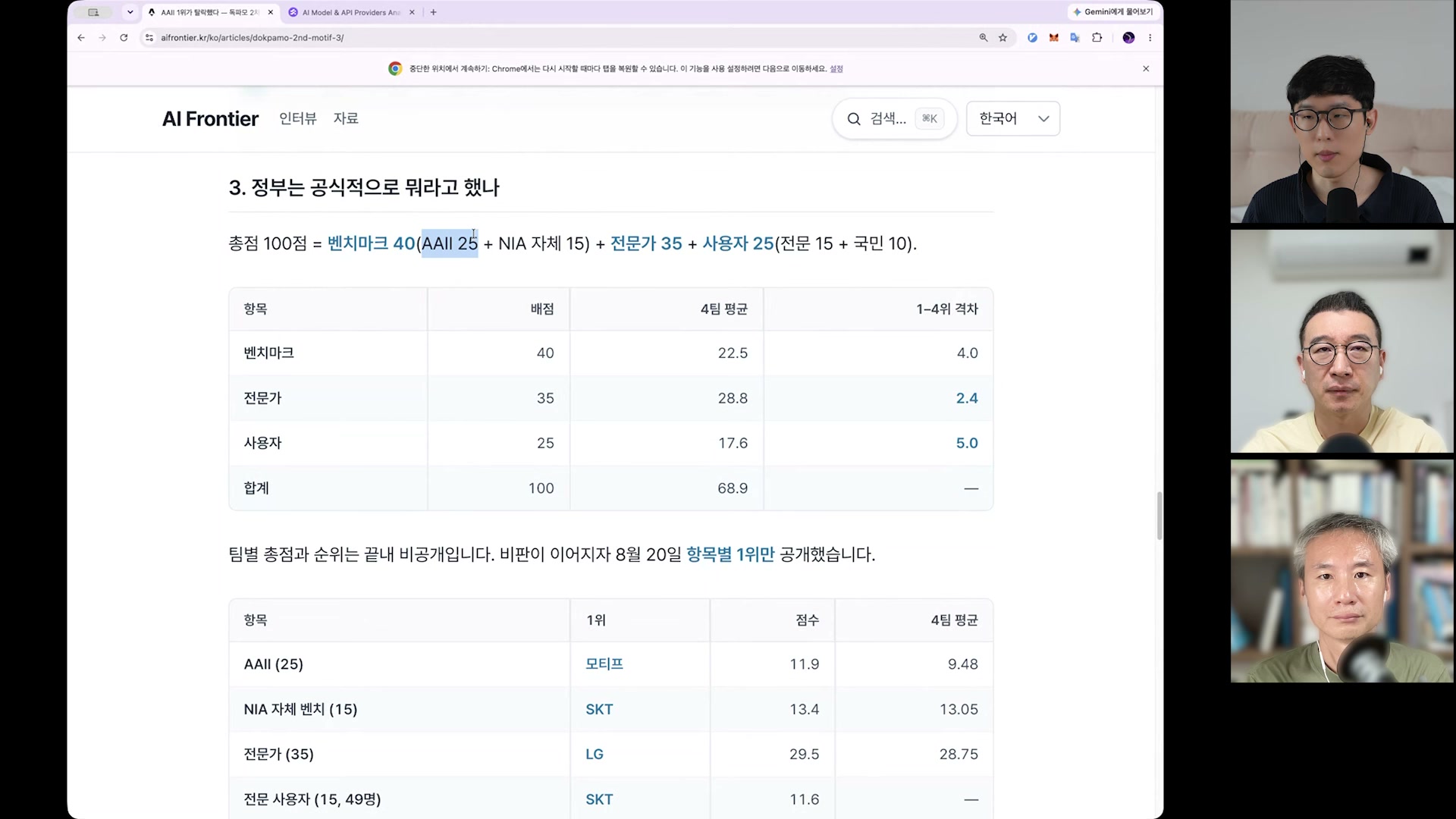 장면 7 — 벤치마크·전문가·사용자 평가의 배점