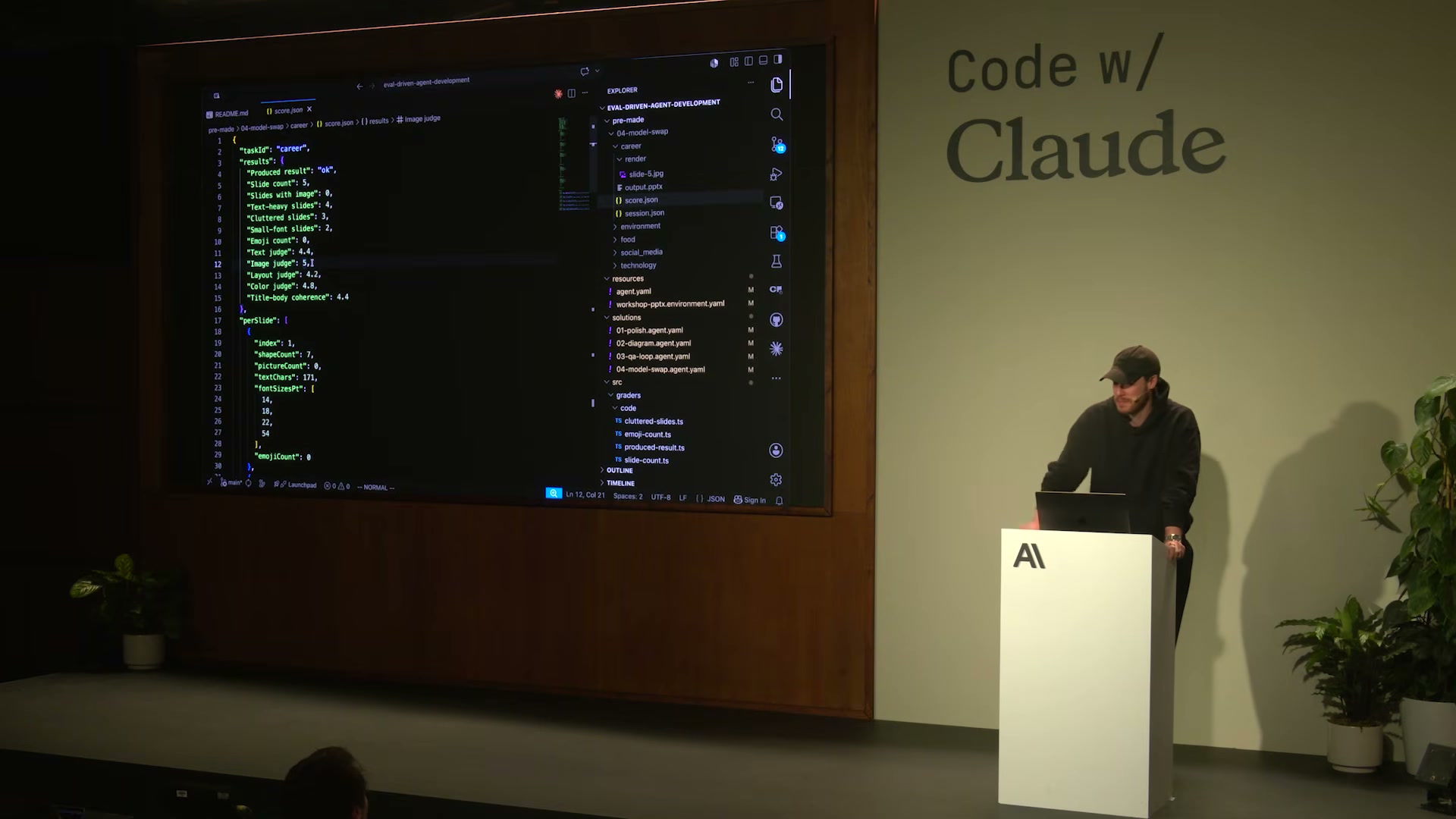 장면 16 — 04-model-swap score.json(Image judge 5점) + graders/code 폴더