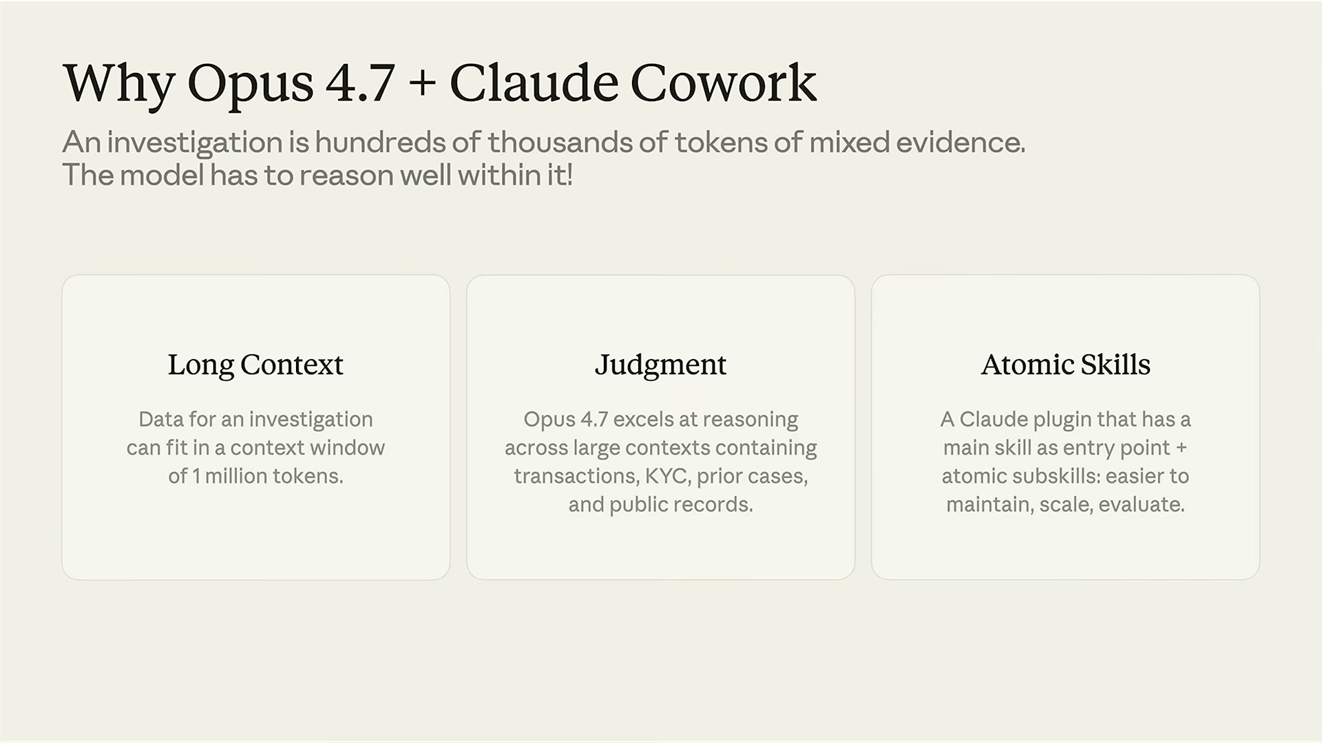 장면 4 — Why Opus 4.7 + Claude Cowork: Long Context / Judgment / Atomic Skills