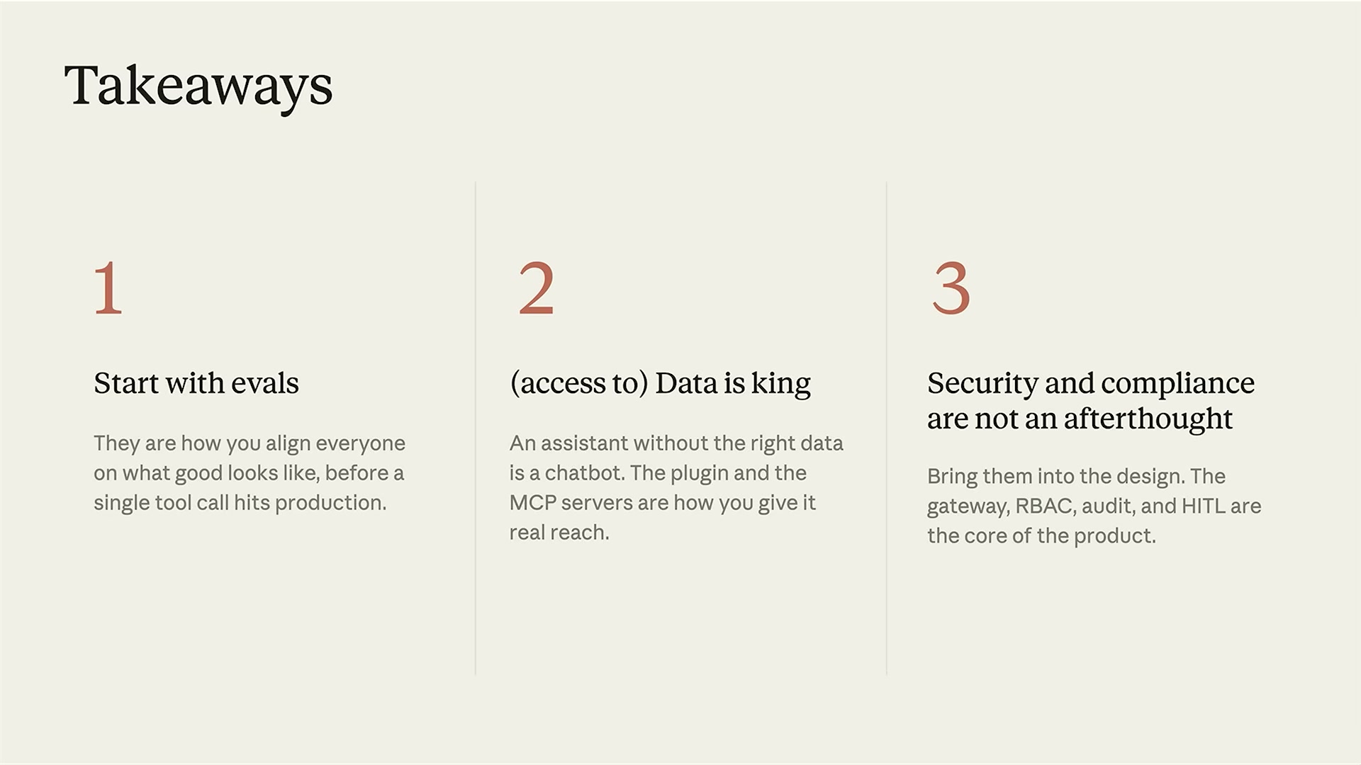 장면 18 — Takeaways: 1 Start with evals / 2 (access to) Data is king / 3 Security & compliance are not an afterthought