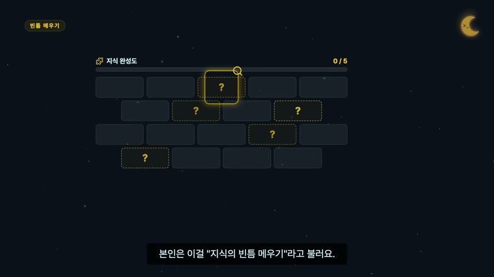 장면 8 — 벽돌 벽 곳곳에 물음표 블록이 비어 있고 상단에 "지식 완성도 0/5" 게이지