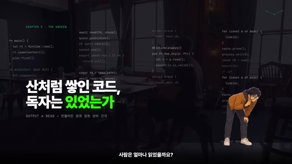 장면 12 — CHAPTER 5 · THE UNSEEN. 화면 가득한 코드 위에 "산처럼 쌓인 코드, 독자는 있었는가 / OUTPUT ≠ READ — 만들어진 양과 읽힌 양의 간극"