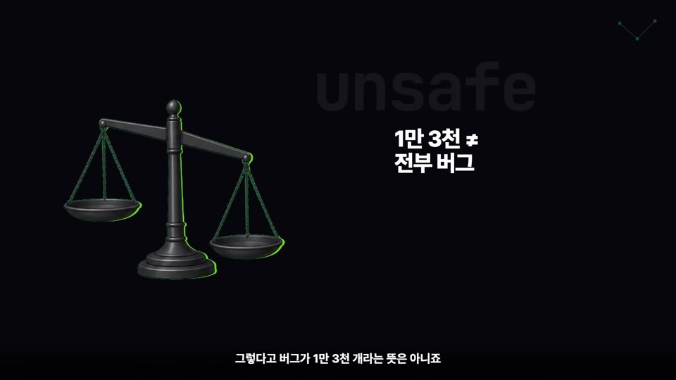 장면 13 — 저울 그래픽과 "unsafe / 1만 3천 ≠ 전부 버그"