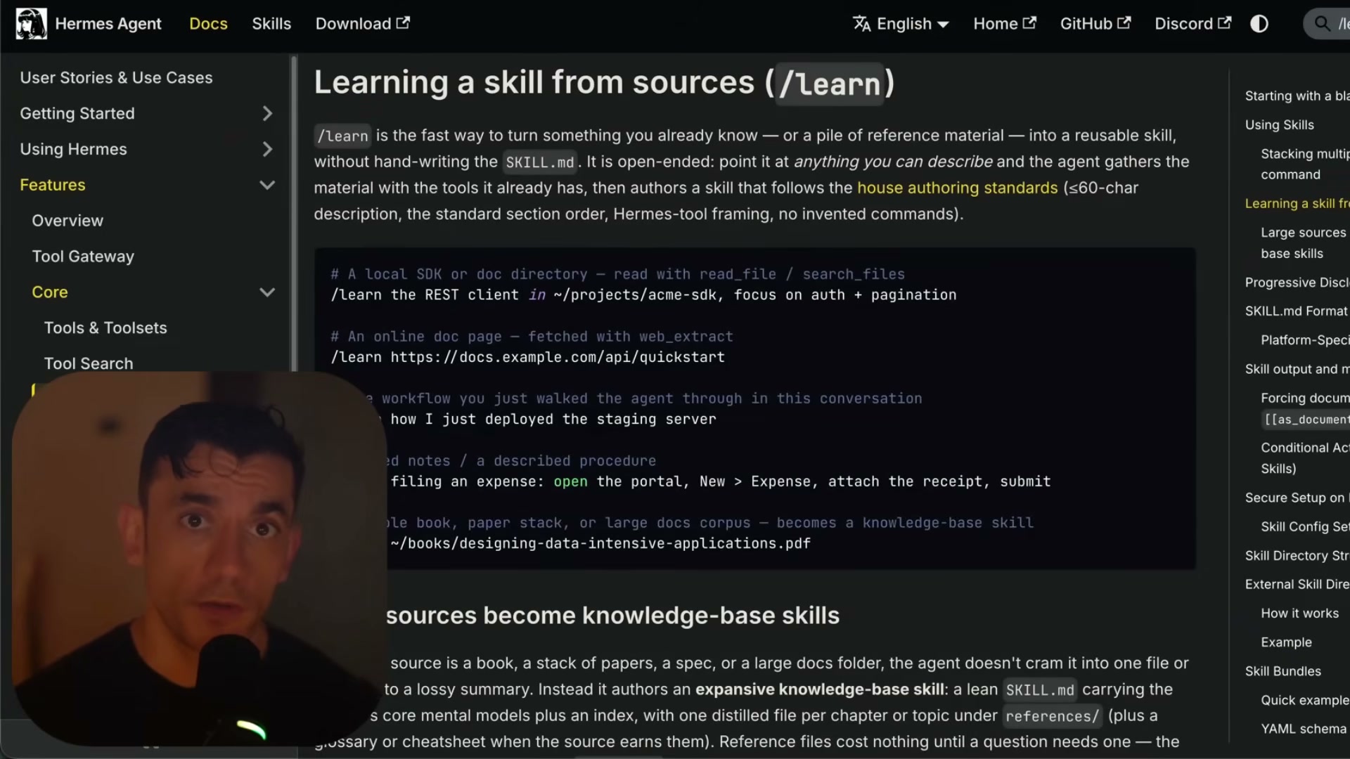 장면 10 — Hermes 문서의 “Learning a skill from sources (/learn)” 페이지