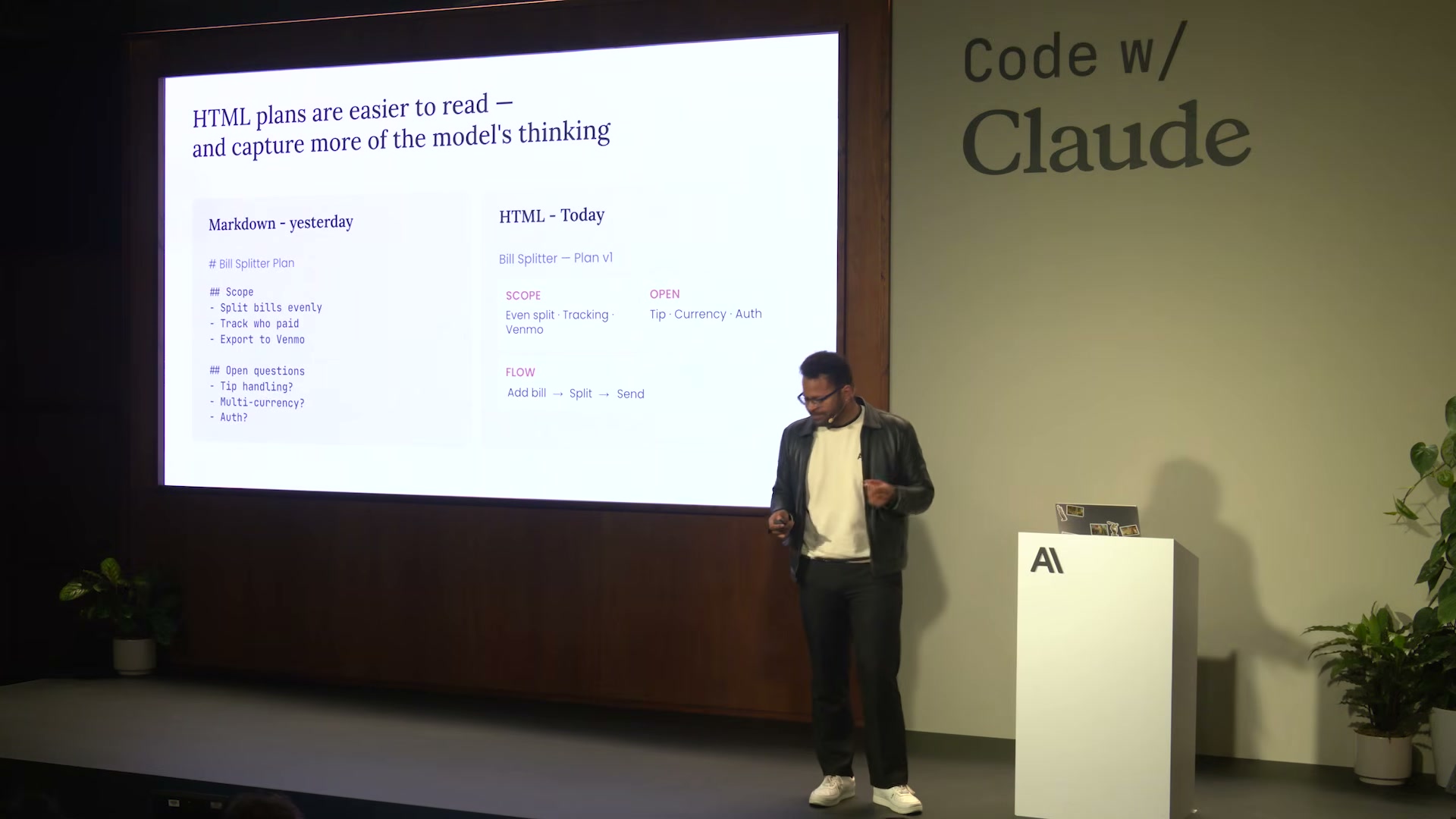 장면 6 — "HTML plans are easier to read" 슬라이드, Markdown 플랜(왼쪽) vs HTML 플랜(오른쪽) 나란히 비교