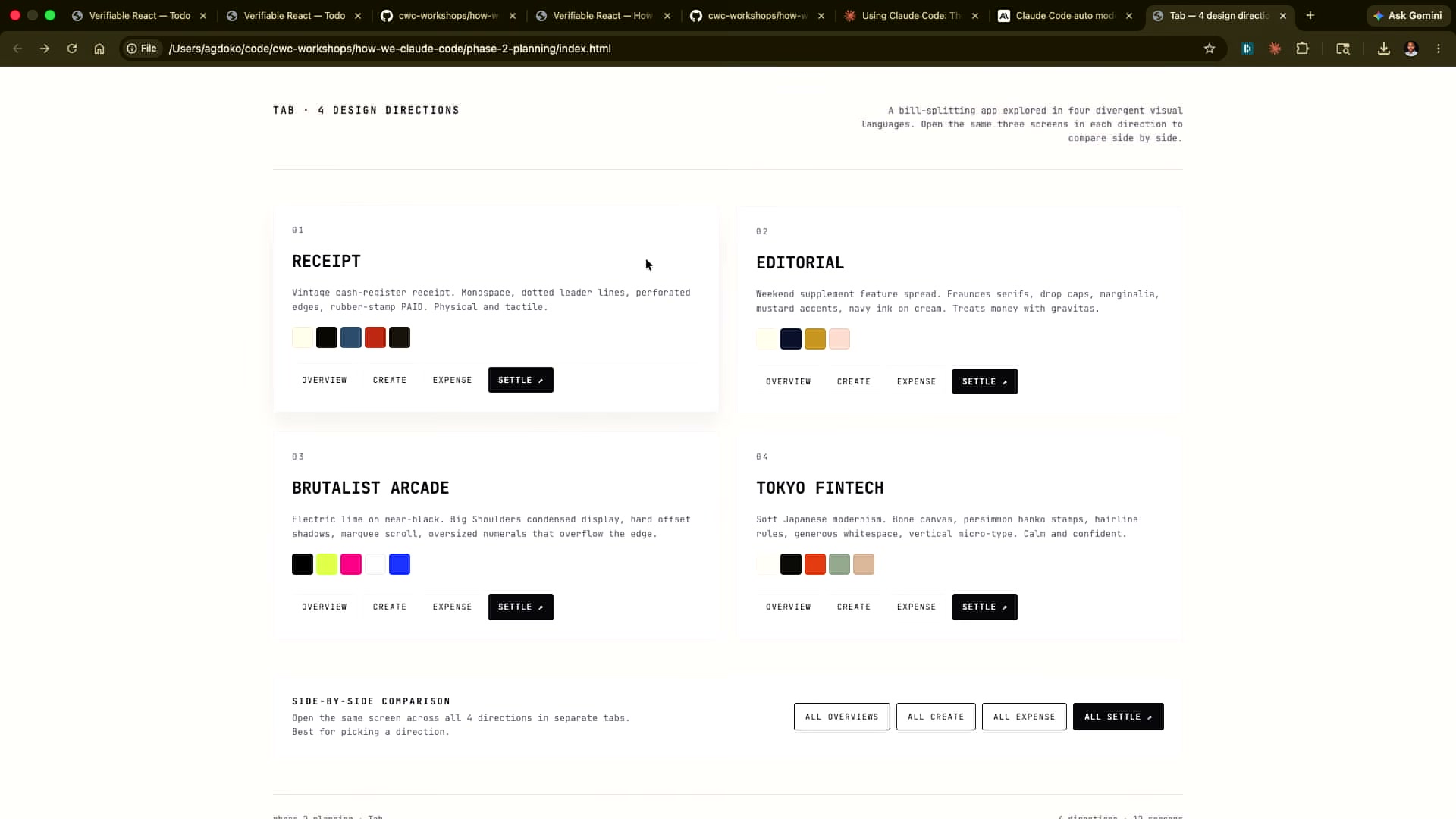 장면 7 — "TAB · 4 DESIGN DIRECTIONS" 페이지, Receipt·Editorial·Brutalist Arcade·Tokyo Fintech 네 카드가 나열된 화면