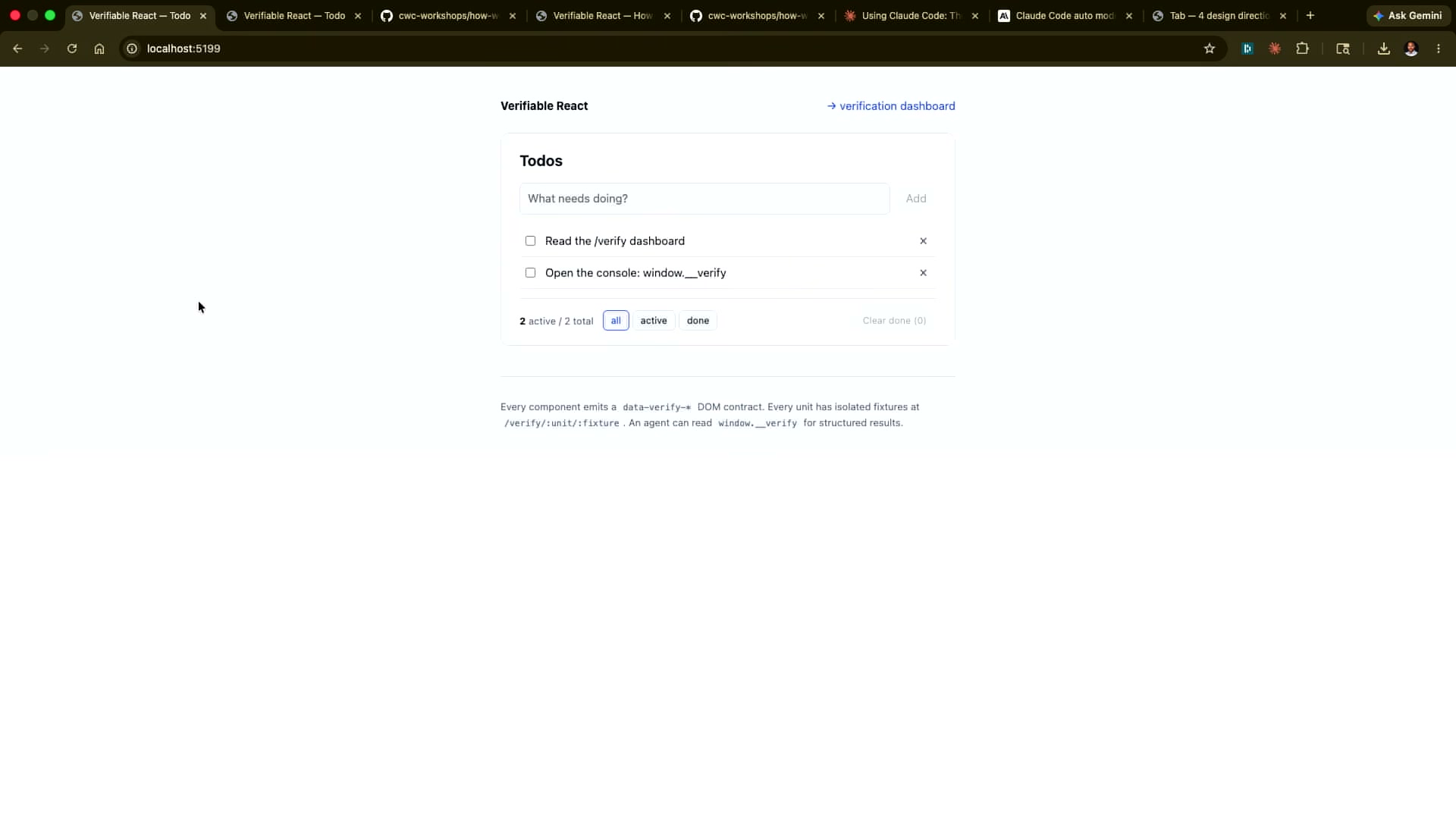 장면 9 — "Verifiable React" 투두 앱 화면, "Read the /verify dashboard"·"Open the console: window.__verify" 항목