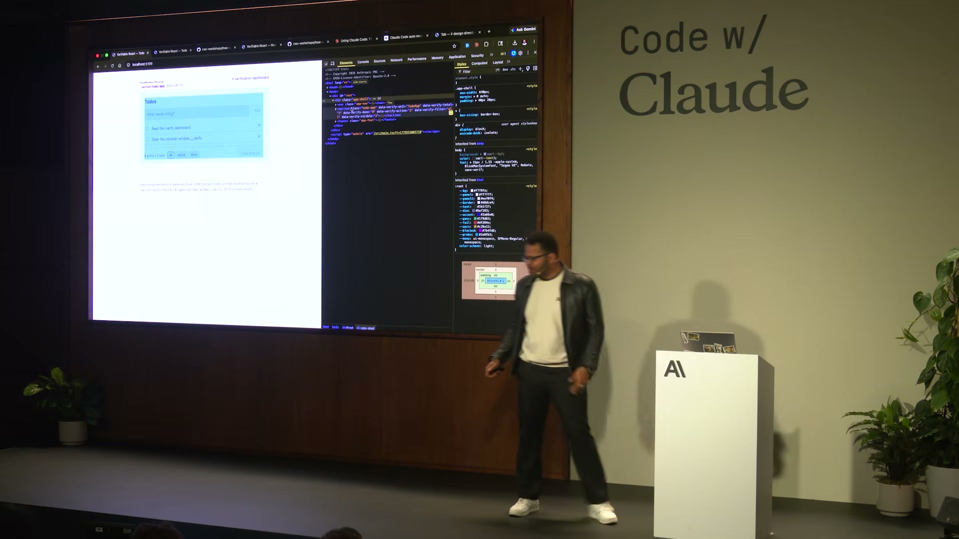 장면 10 — Chrome DevTools Elements 패널, todo-app 섹션의 data-verify-total·data-verify-active 등 속성 확인