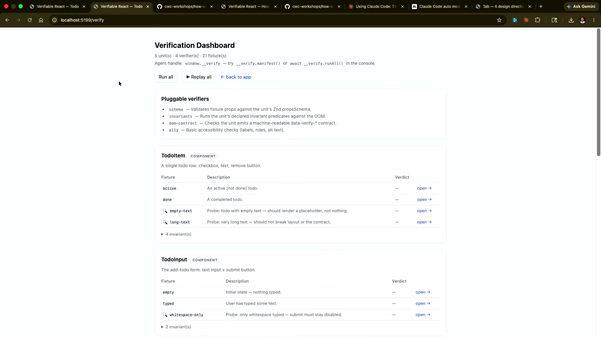 장면 11 — "Verification Dashboard" 화면, 5 unit(s)·4 verifier(s)·21 fixture(s), TodoItem/TodoInput 컴포넌트별 fixture·검증 목록