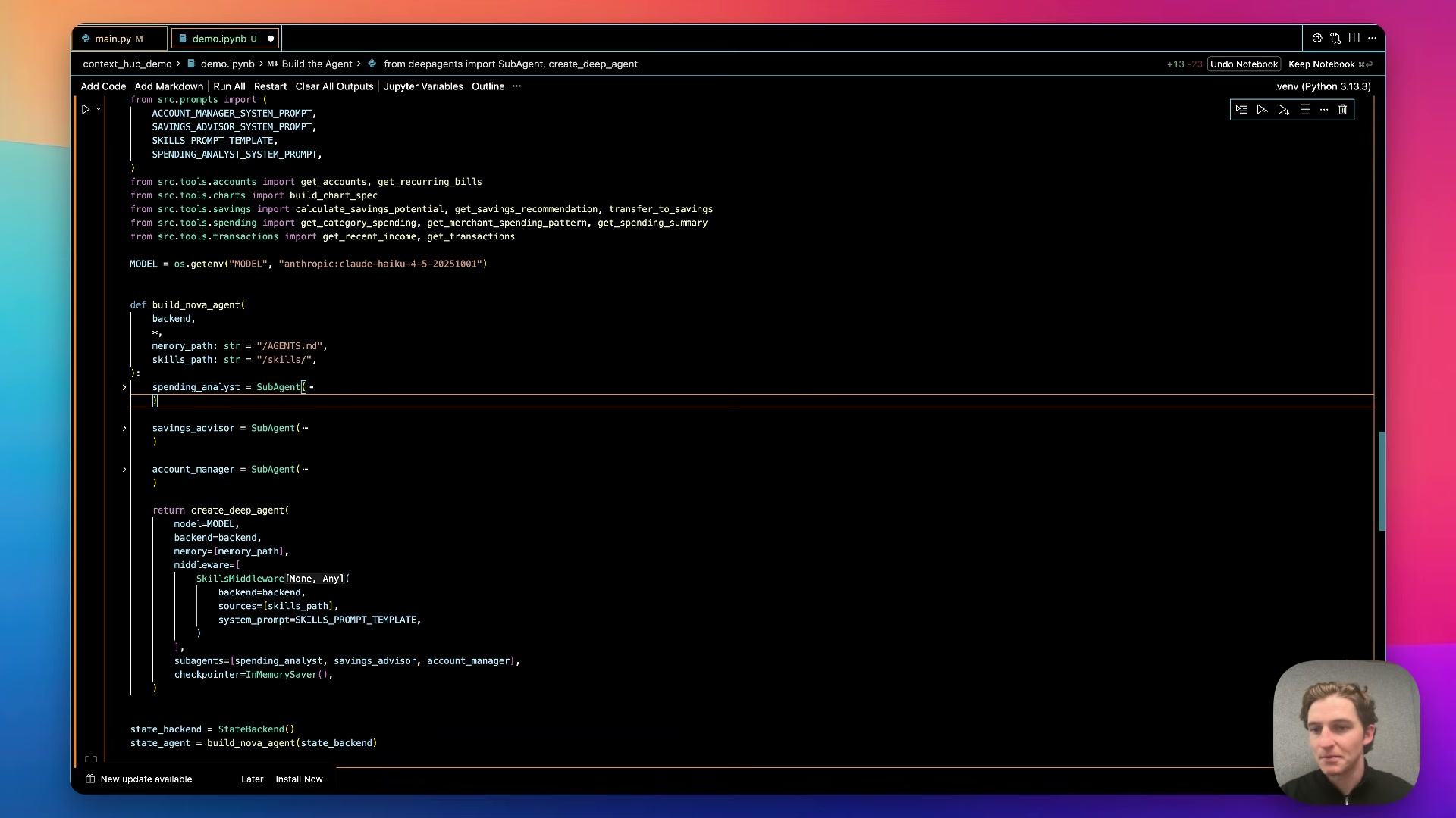 장면 7 — build_nova_agent 코드: SubAgent들, create_deep_agent, SkillsMiddleware, StateBackend
