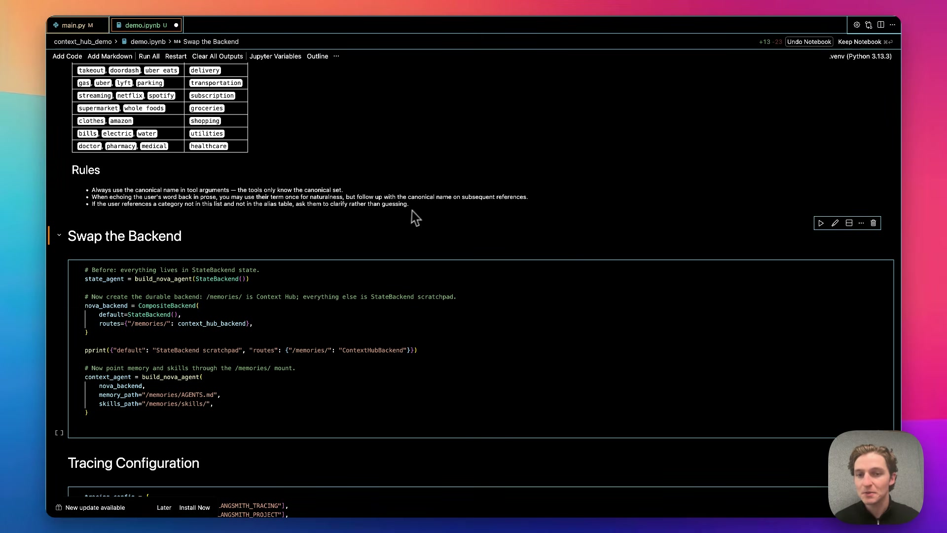 장면 8 — category-vocabulary 스킬과 CompositeBackend(default=StateBackend, /memories/=Context Hub) 코드
