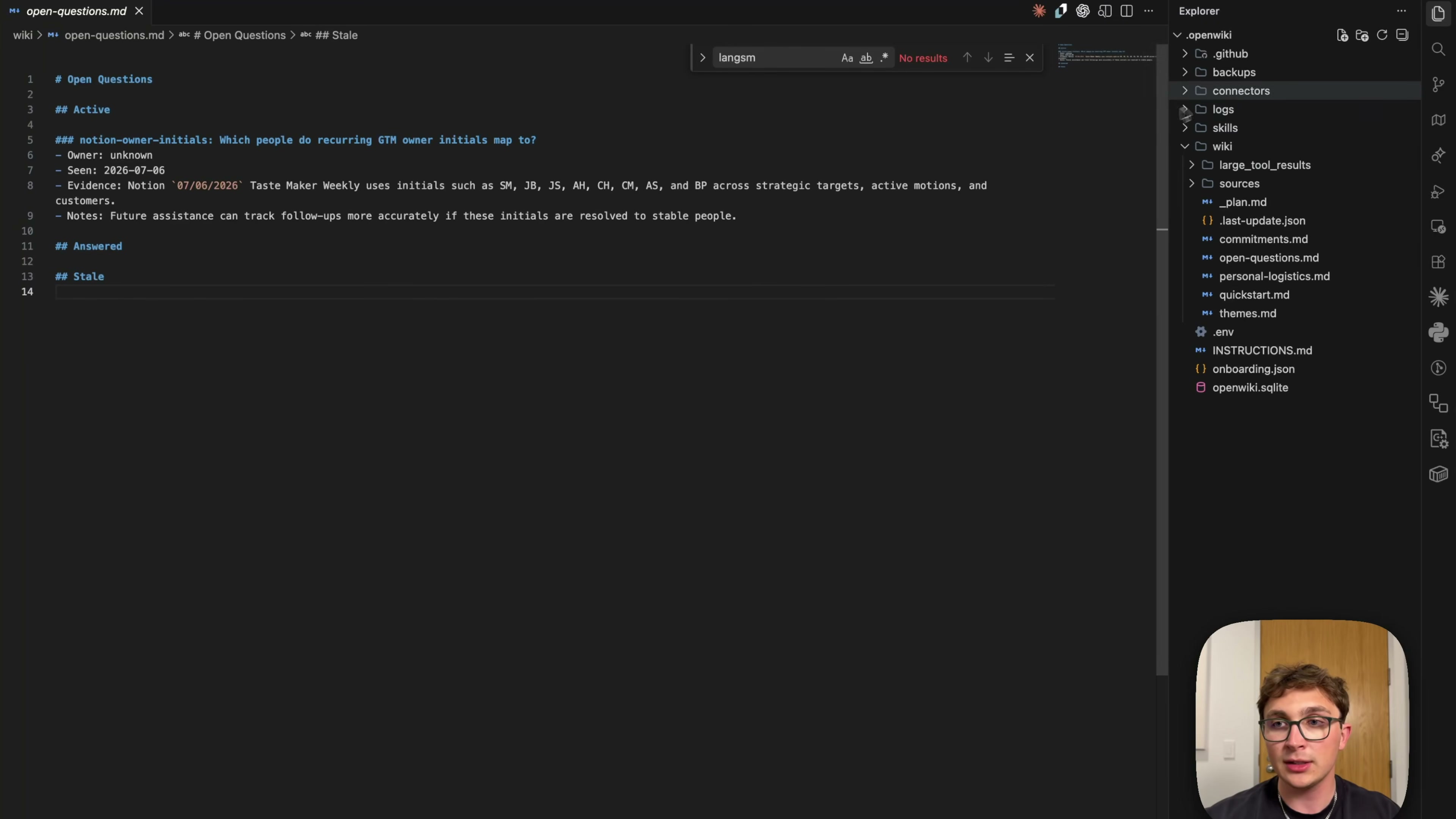 장면 14 — .openwiki 폴더 트리(backups, connectors, logs, skills, wiki, INSTRUCTIONS.md 등)