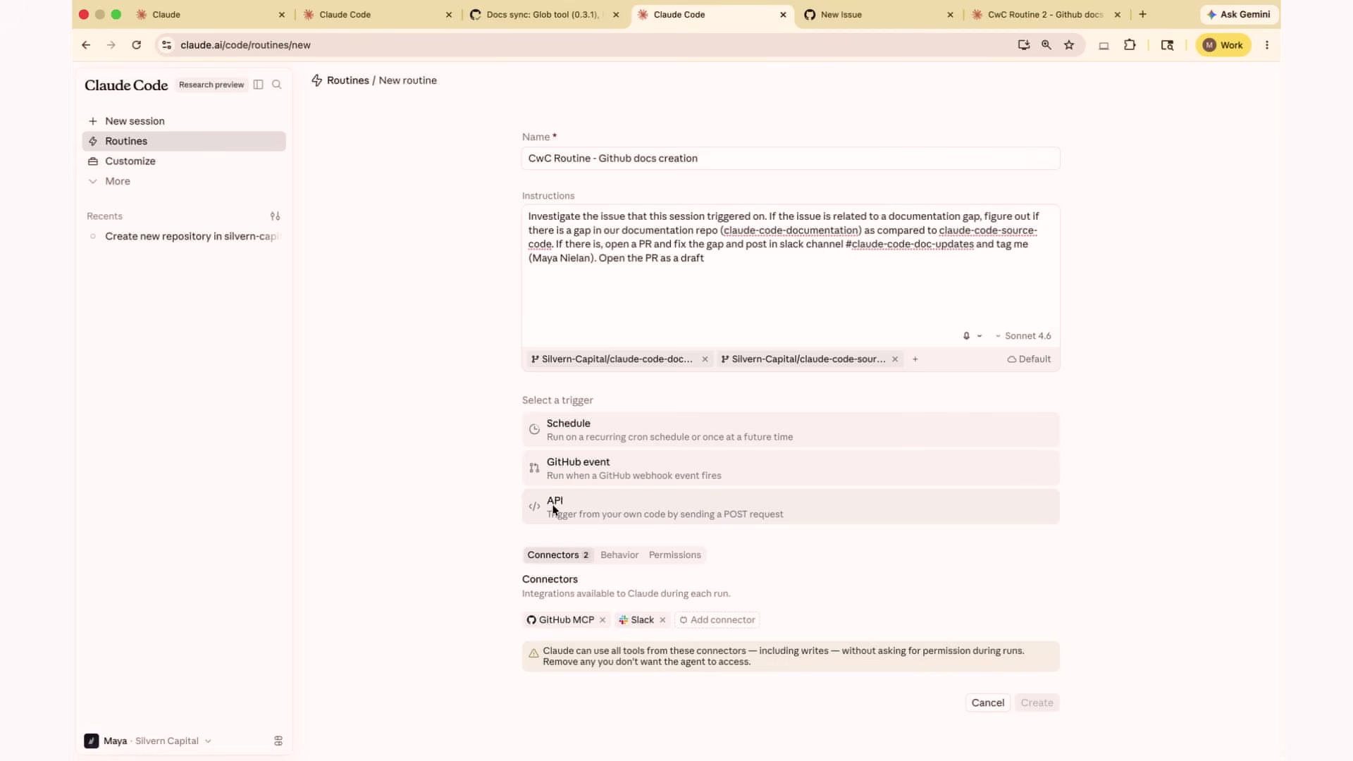 장면 15 — 새 루틴 생성 화면, GitHub event 트리거 선택