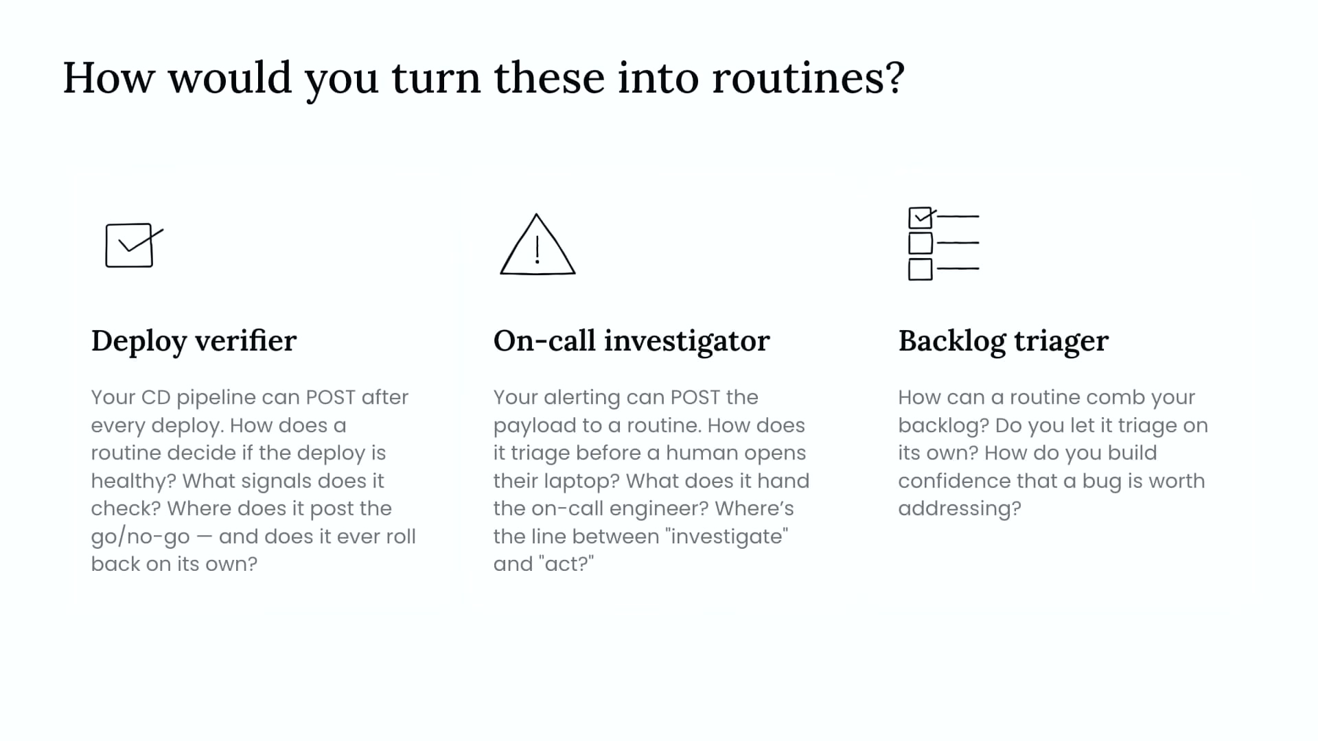 장면 18 — Deploy verifier·On-call investigator·Backlog triager