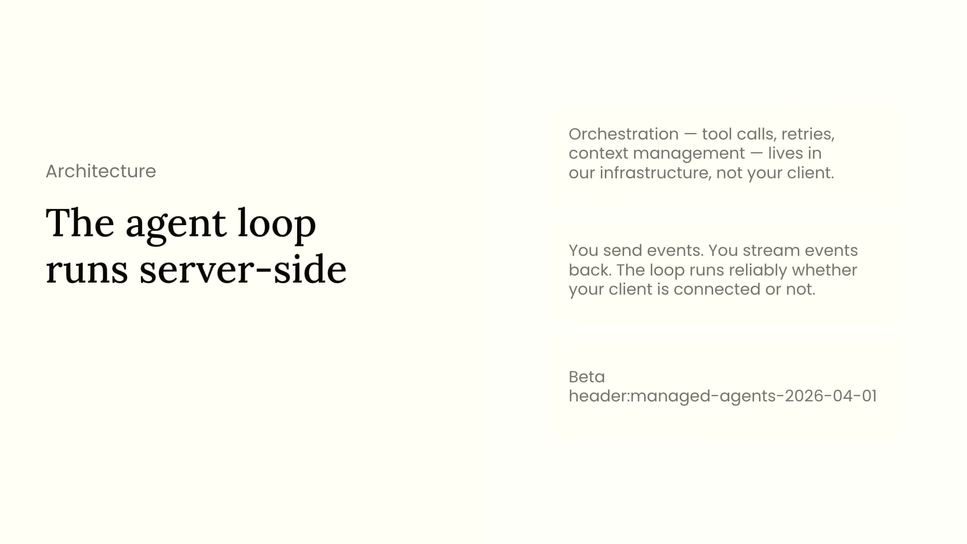 장면 6 — "The agent loop runs server-side" 슬라이드
