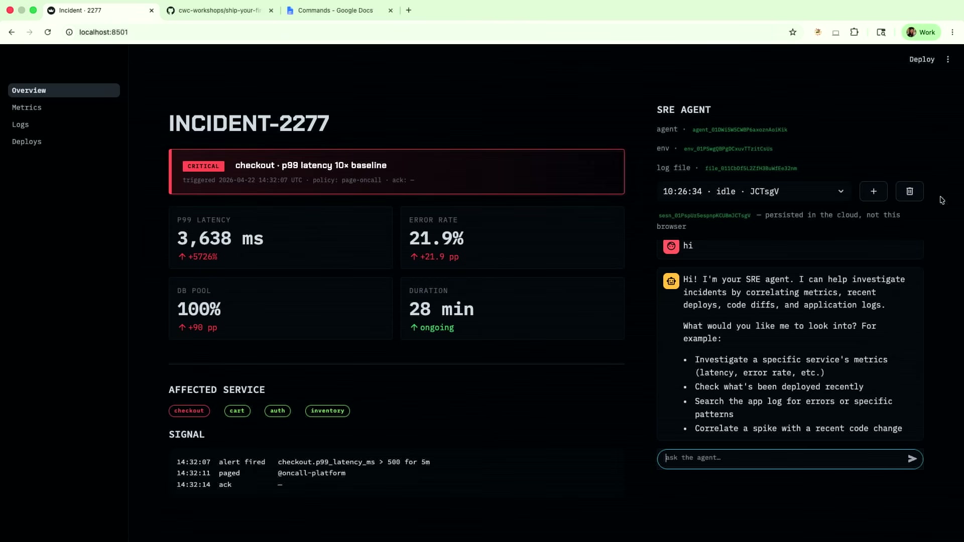 장면 12 — Streamlit 앱의 INCIDENT-2277 화면과 "hi" 테스트
