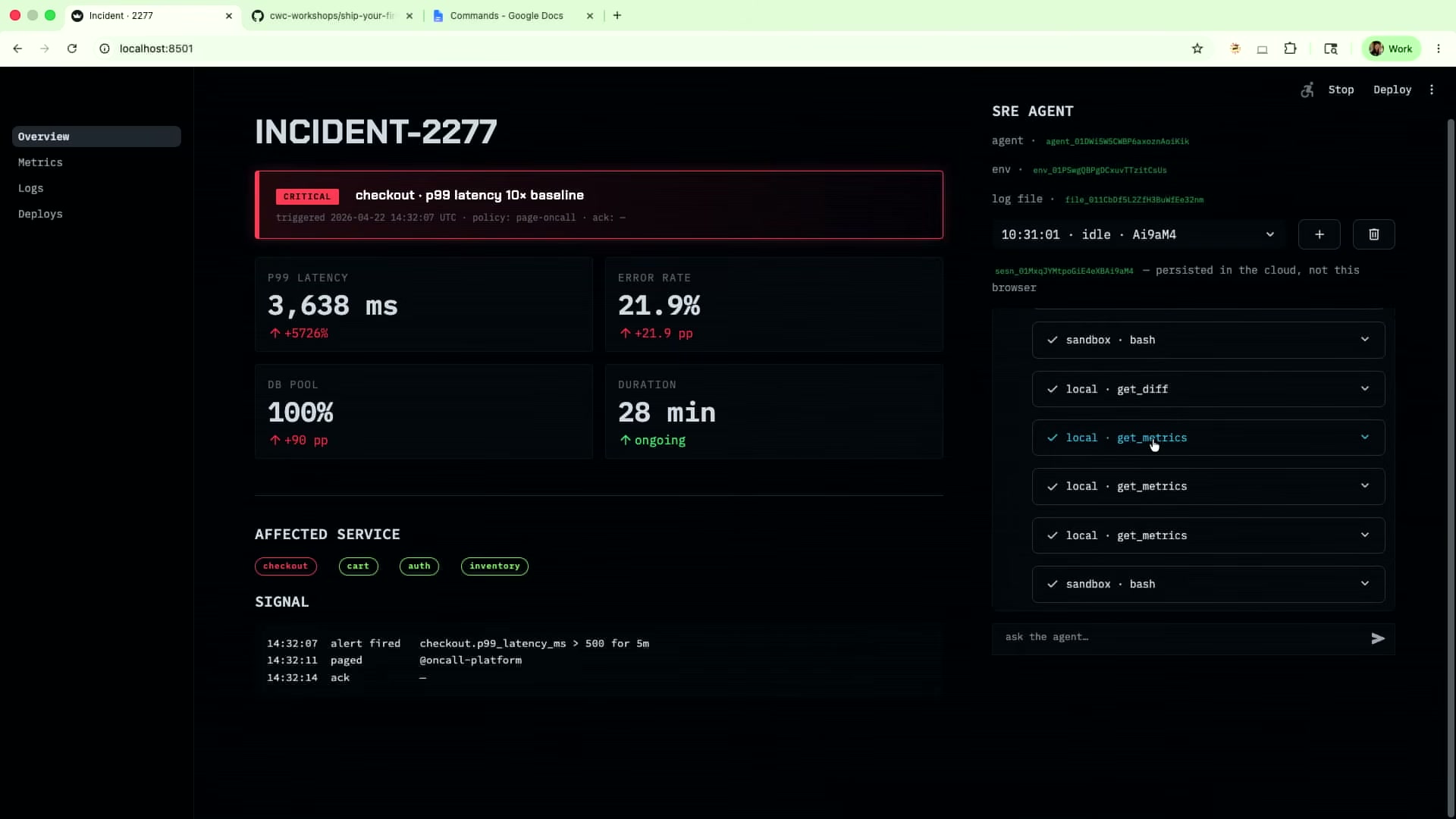 장면 13 — sandbox·bash, local·get_diff, local·get_metrics 툴 콜 체인