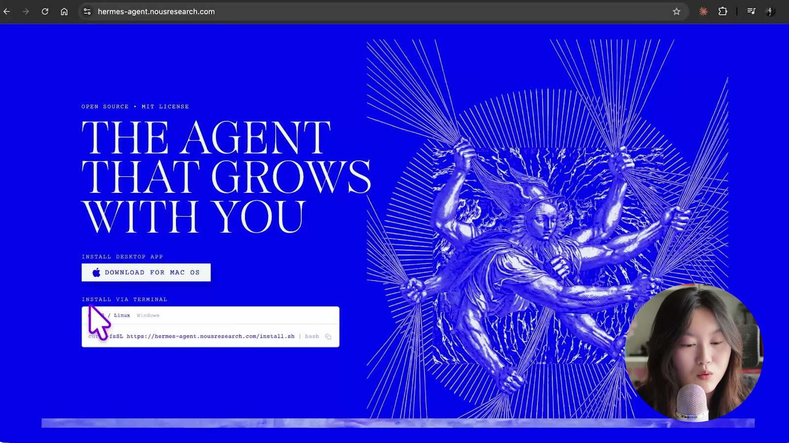 hermes-agent.nousresearch.com — THE AGENT THAT GROWS WITH YOU, macOS 다운로드와 터미널 설치 명령