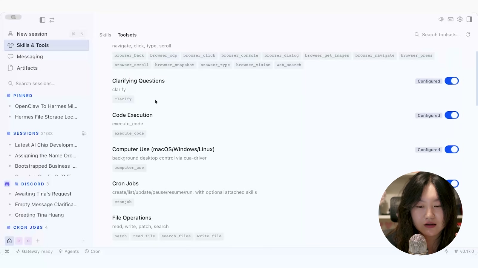 Skills & Tools → Toolsets 화면 — browser_*, clarify, execute_code, computer_use, cronjob, file operations