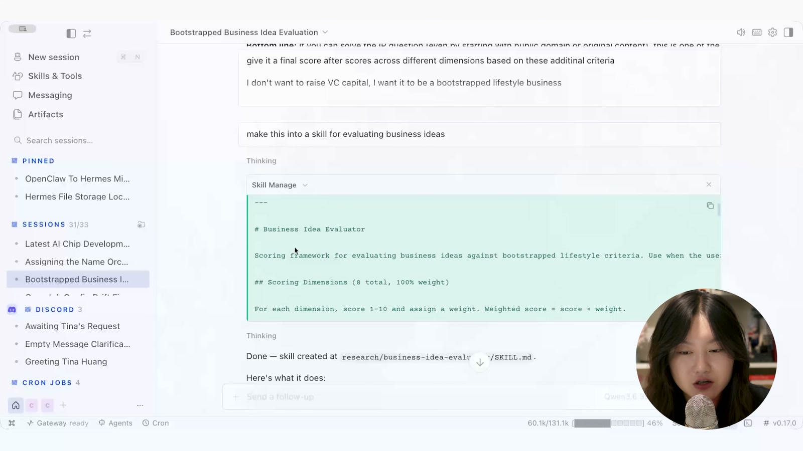 Hermes에서 "make this into a skill for evaluating business ideas" 요청 → Skill Manage가 SKILL.md를 생성