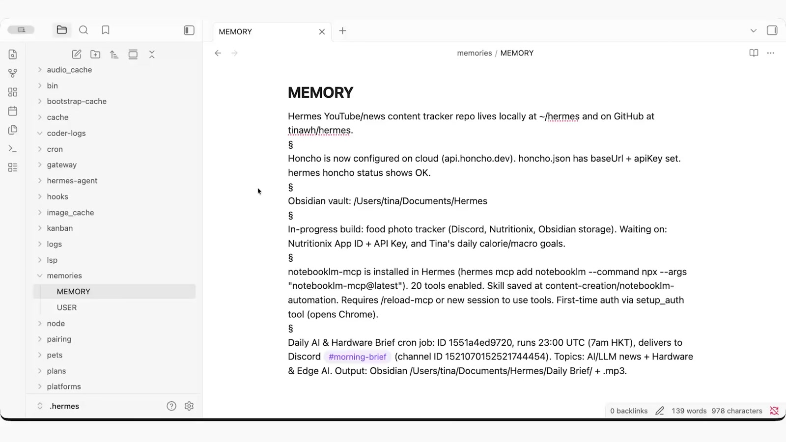 Obsidian으로 연 memories/MEMORY 문서 — 레포 위치, Honcho 설정, 볼트 경로, 진행 중 빌드, MCP 설치 내역, 크론잡 상세