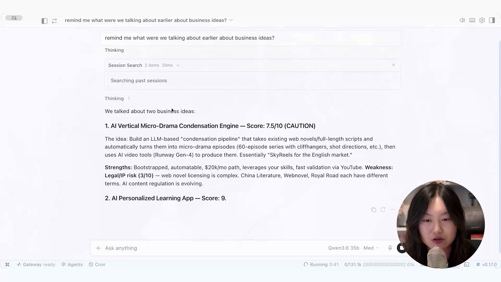 session search 도구가 과거 세션을 검색해 두 사업 아이디어를 되짚어 주는 화면