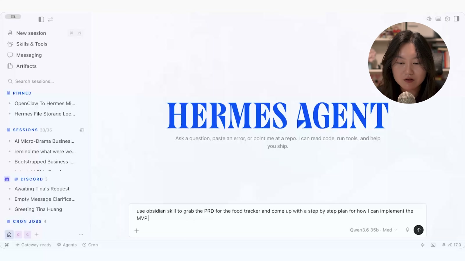 Hermes 입력창 — "use obsidian skill to grab the PRD for the food tracker and come up with a step by step plan for how I can implement the MVP"