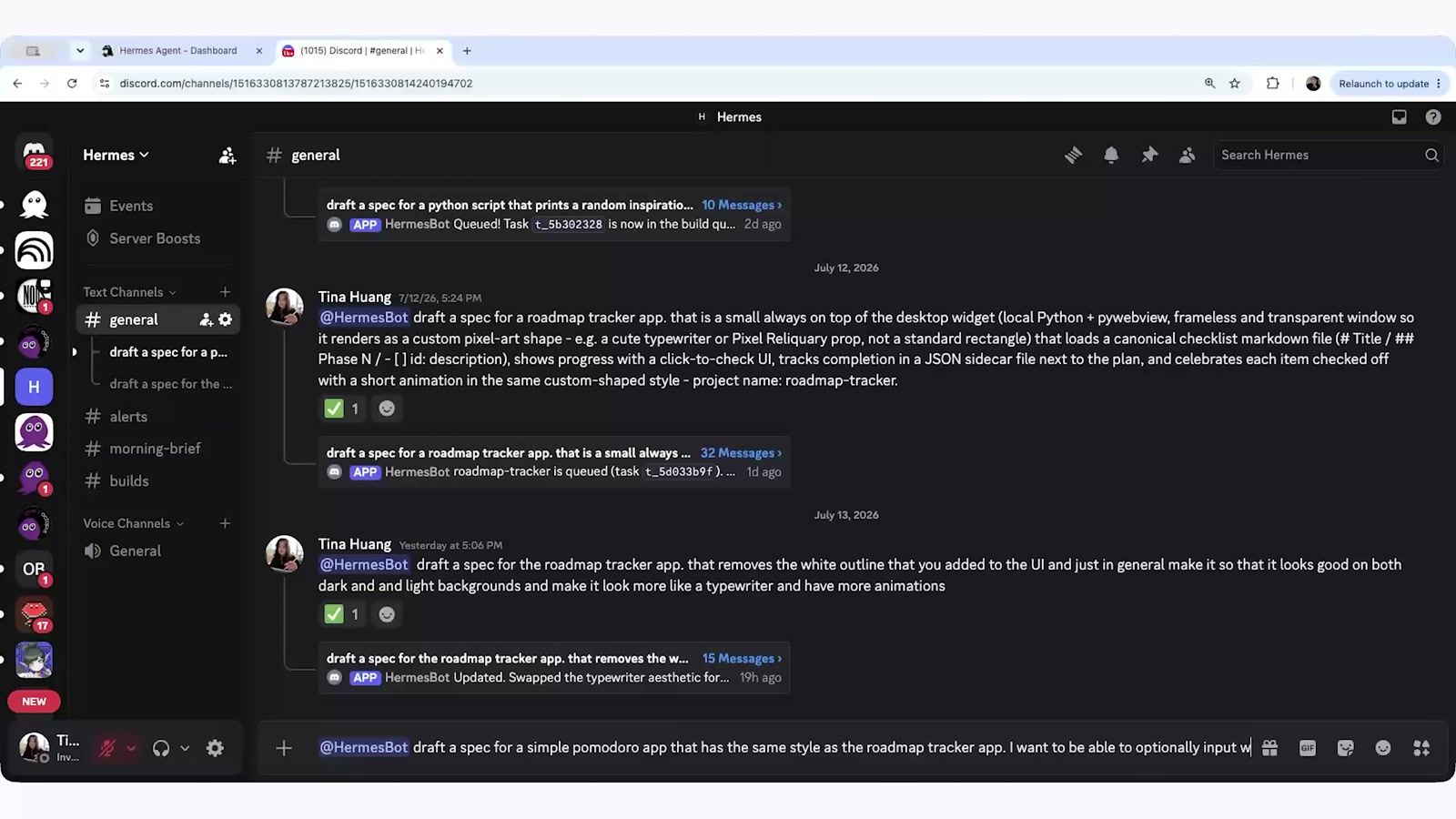 Discord general — @HermesBot에게 roadmap tracker 앱 스펙을 요청한 기록과 큐 응답