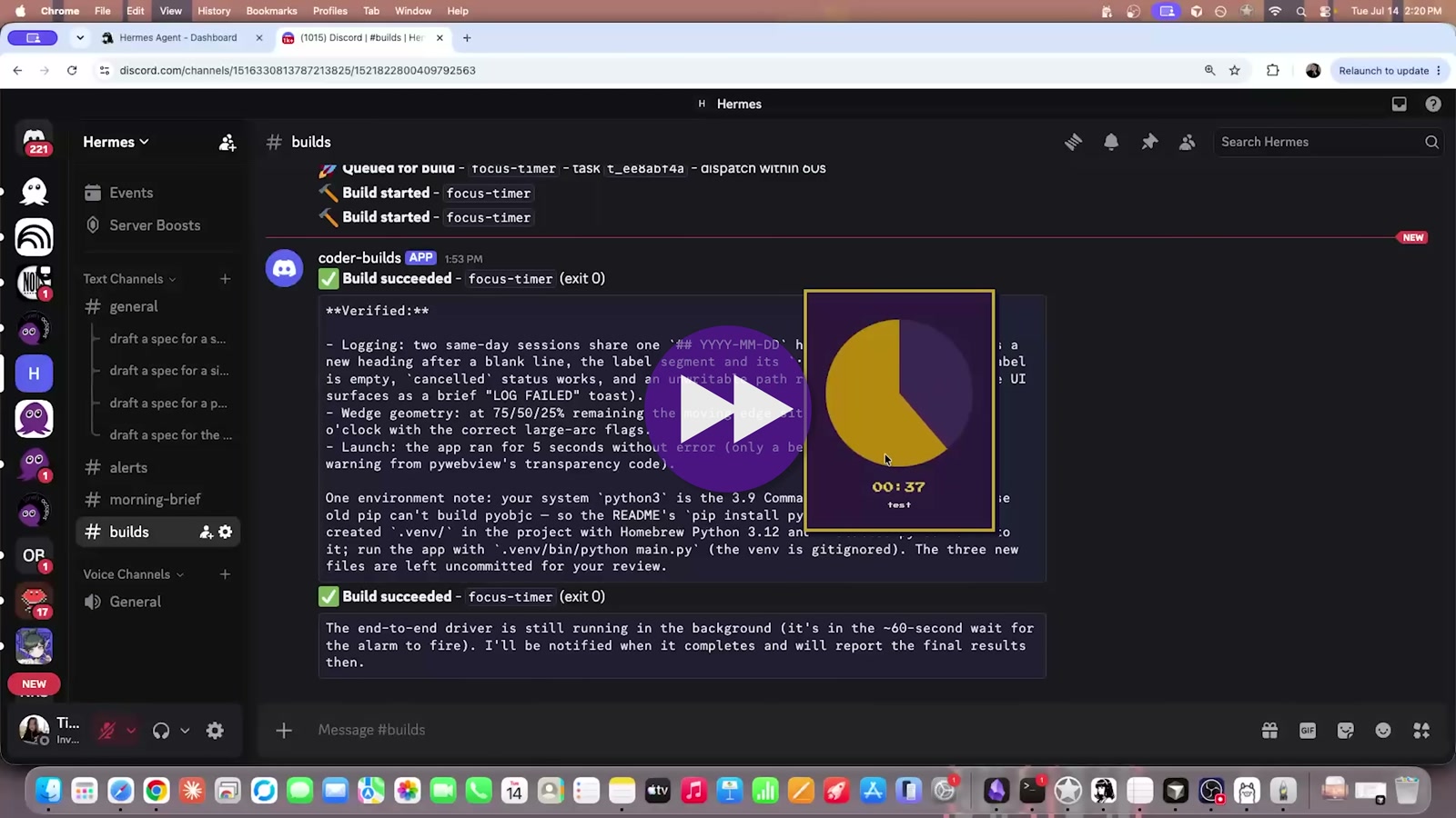 Discord builds — coder-builds 봇의 Build succeeded (exit 0)와 실행 중인 타이머 위젯