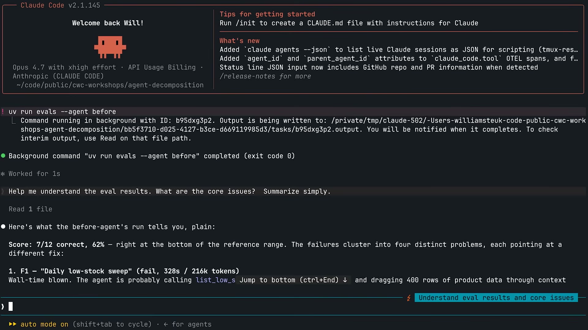 장면 8 — Claude Code 터미널, uv run evals 실행 결과와 F1 root-cause 설명 시작