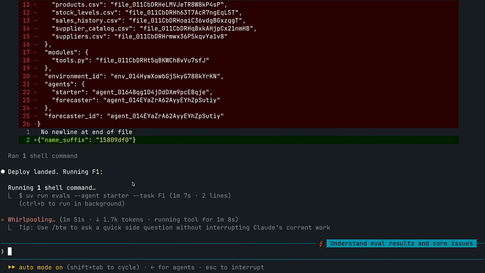 장면 13 — "Deploy landed. Running F1" 터미널 로그